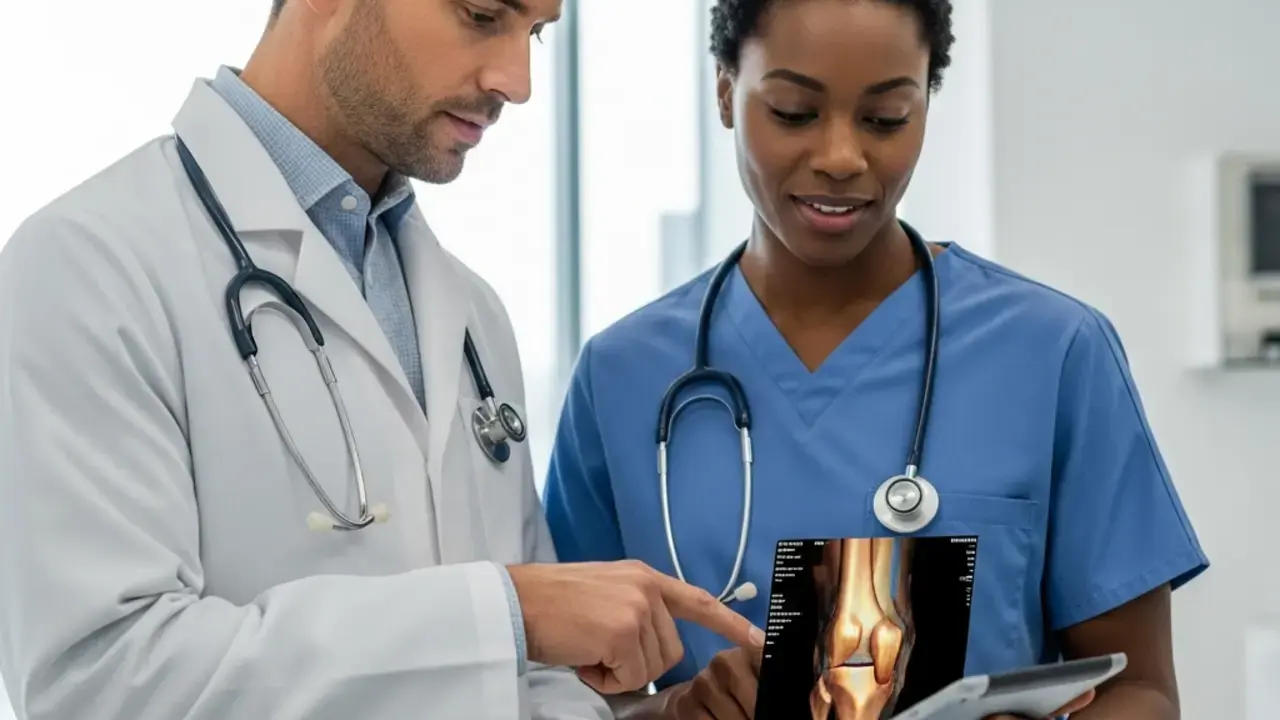 Equipe médica e fisioterapeuta discutindo diagnóstico integrado para lesão de menisco na clínica Ortofis