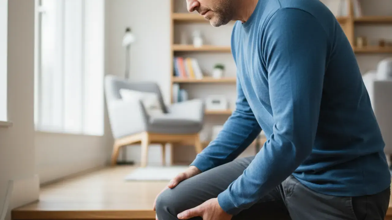 Mulher sentada com expressão de dor, segurando o joelho, ilustrando a limitação nas atividades diárias causada pela lesão de menisco.