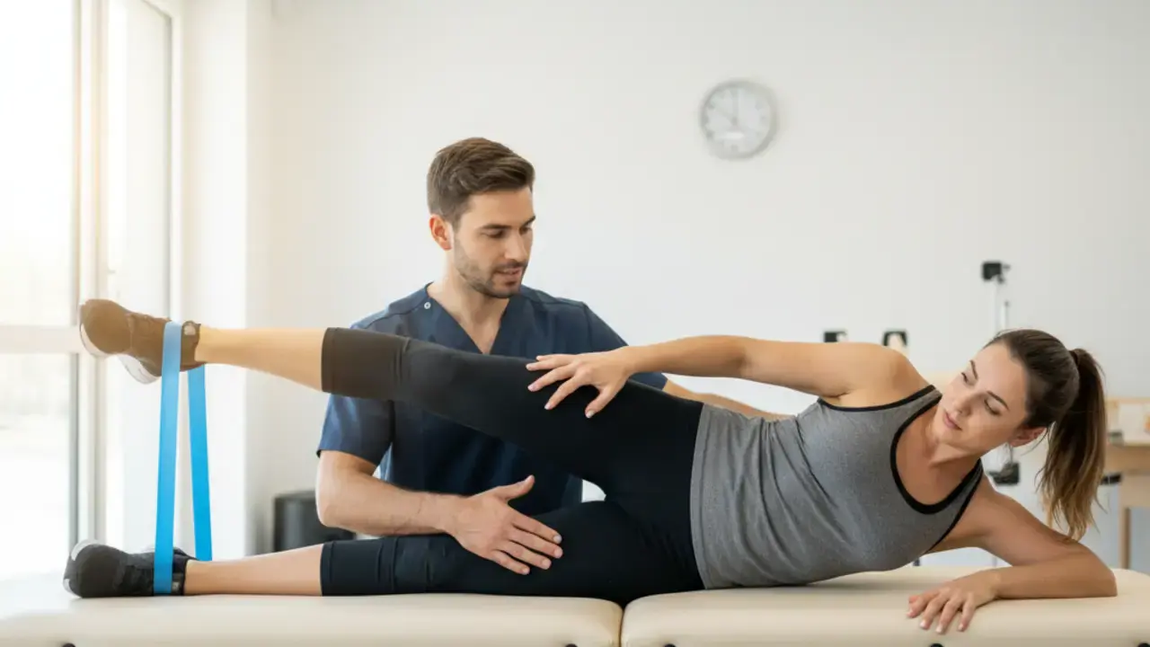 Pessoa fazendo exercícios de fisioterapia para recuperação de lesão de menisco sem cirurgia, demonstrando soluções eficazes.