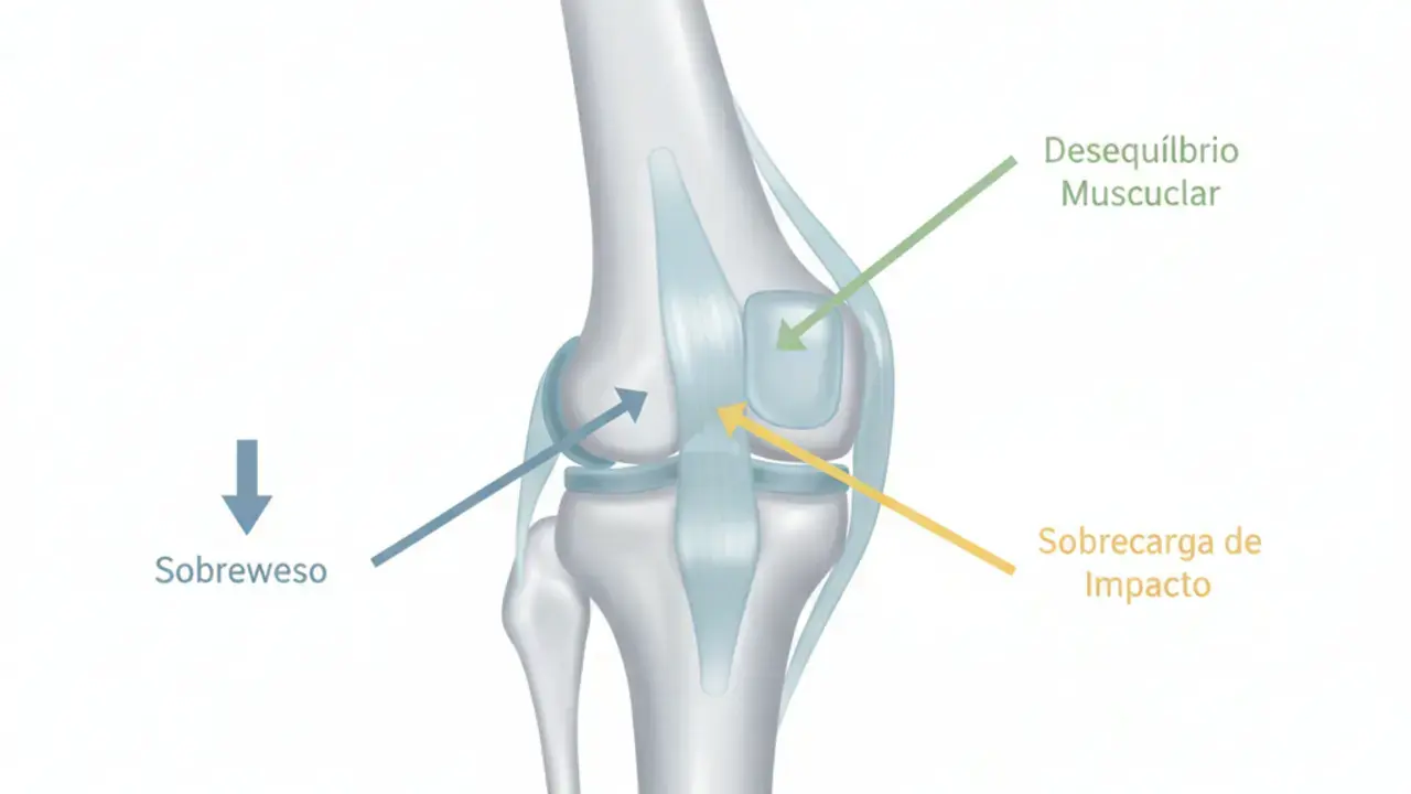 Ilustração de um joelho com setas indicando desequilíbrios biomecânicos e inflamações como causas da dor no joelho.