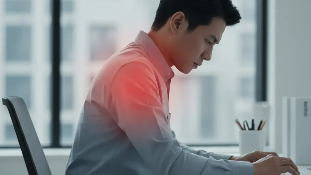 Pessoa com má postura, um dos fatores de risco que podem causar bursite do ombro e dor no ombro.