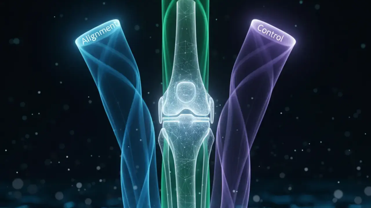 Infográfico com três pilares essenciais para a recuperação acelerada e segura do joelho: alinhamento, força e controle neuromuscular.