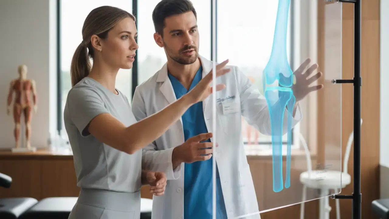 Profissionais de uma clínica integrada avaliam o joelho de um paciente em busca de recuperação da dor.