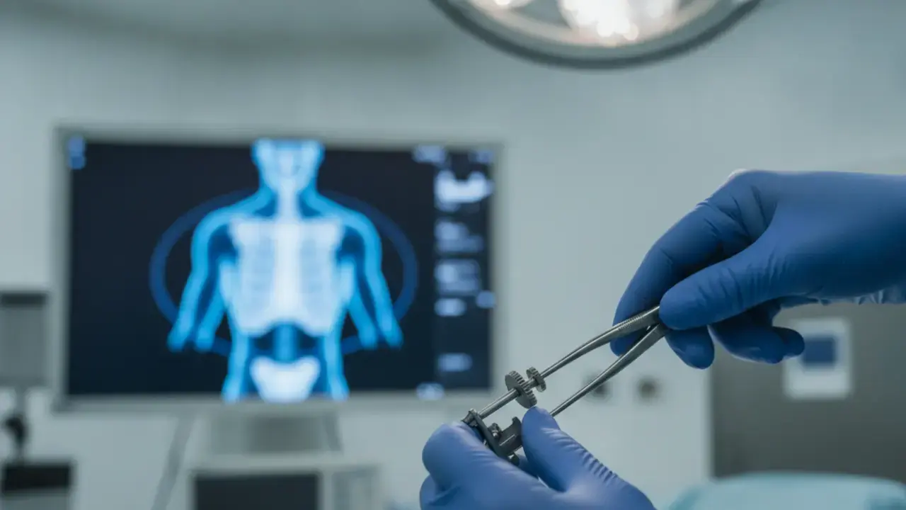 Detalhe de cirurgia de luxação acromioclavicular no ombro, mostrando instrumentos médicos e o processo cirúrgico em andamento.