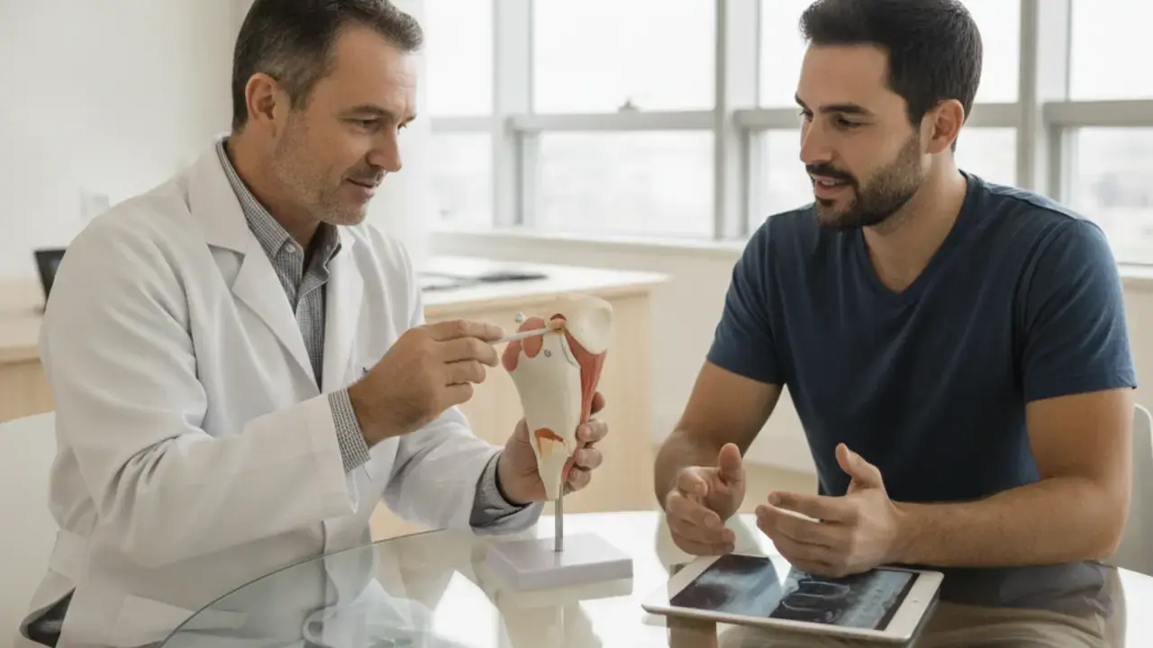 Médico ortopedista explicando opções de tratamento conservador ou cirúrgico para luxação acromioclavicular no ombro do paciente Ortofis